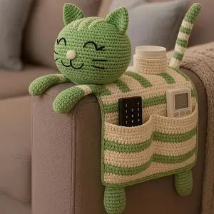 Handmade Weaving Tool Set with Detailed Video Tutorials or Digital PDF file - Materials are complete - Gift Weaving Set, Sofa Armrest Storage Hanging Bag, Cute green and blue Striped Cat Sofa Storage Bag Organizer Crochet Kit