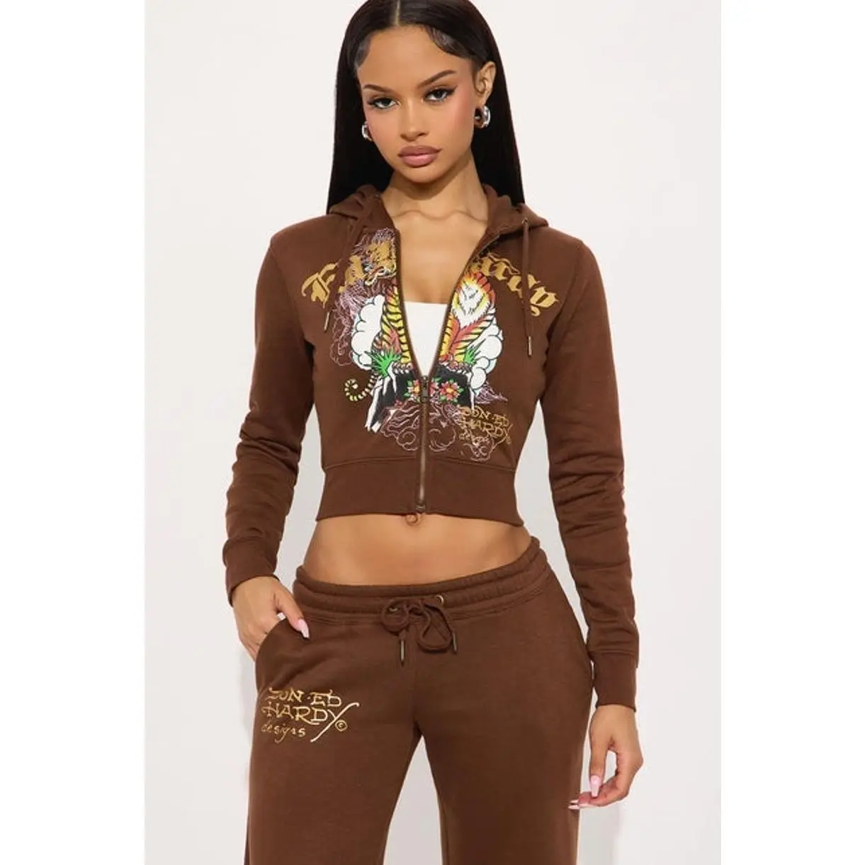 Ed Hardy Tiger Peak Zip Up Hoodie - Brown C