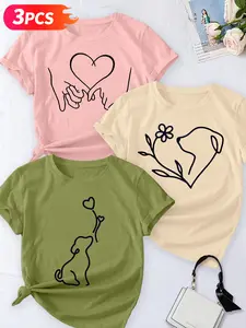 Women's 3-Pack Casual Short Sleeve Crew Neck T-Shirt, Womenswear, Tropical Coconut Tree/Sunset Wave/Beach Shell Vacation Print Set, Multiple Colors, Machine Washable, Spring & Summer Top, Soft Skin-Friendly Fabric, Daily Wear, Fashion Design