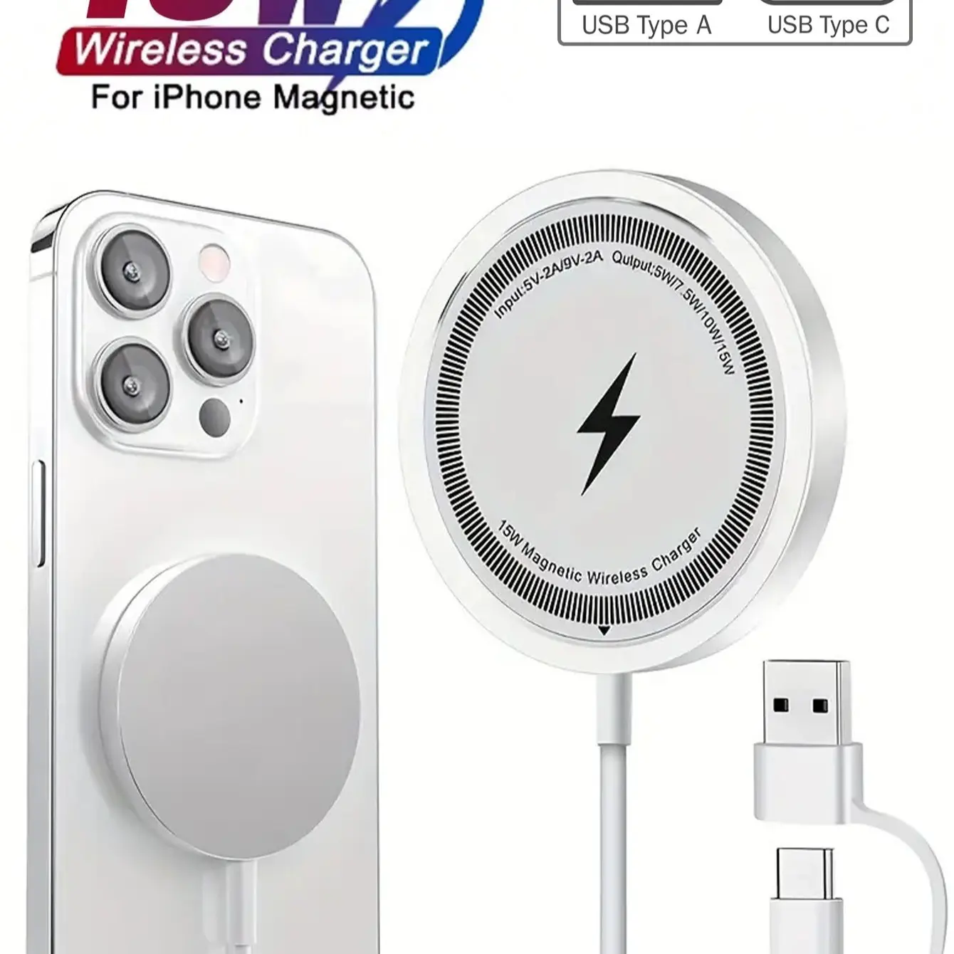 3.2FT 15W Magnetic Wireless Charger, Ultra-Thin Charging Pad with USB-A & USB-C 2-in-1 Cable, Fast Wireless Charging Compatible with iPhone, Android, Smartphone, Cellphone, White