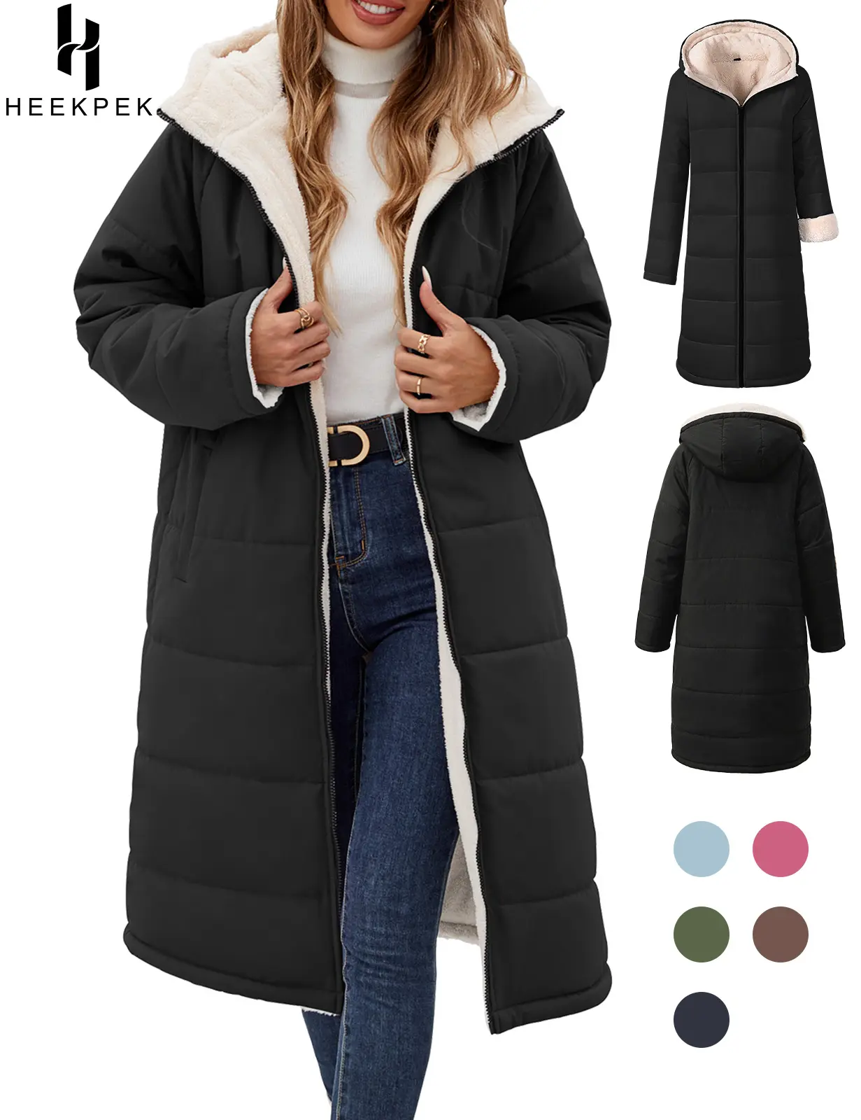 【Pre‑Season Price】HEEKPEK Women's Oversized Sherpa Fleece Lined Long Hooded Puffer Coat - Long Sleeve, Windproof, Waterproof, Insulated, Basic, Casual, Athletic, Outdoors Waterproof Wear