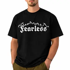 Men’s Fearless Letter Graphic T-Shirt, Vintage Gothic Style Print Tee, Casual Loose Fit Short Sleeve Crew Neck Streetwear Top, Trendy Daily Outfit Shirt