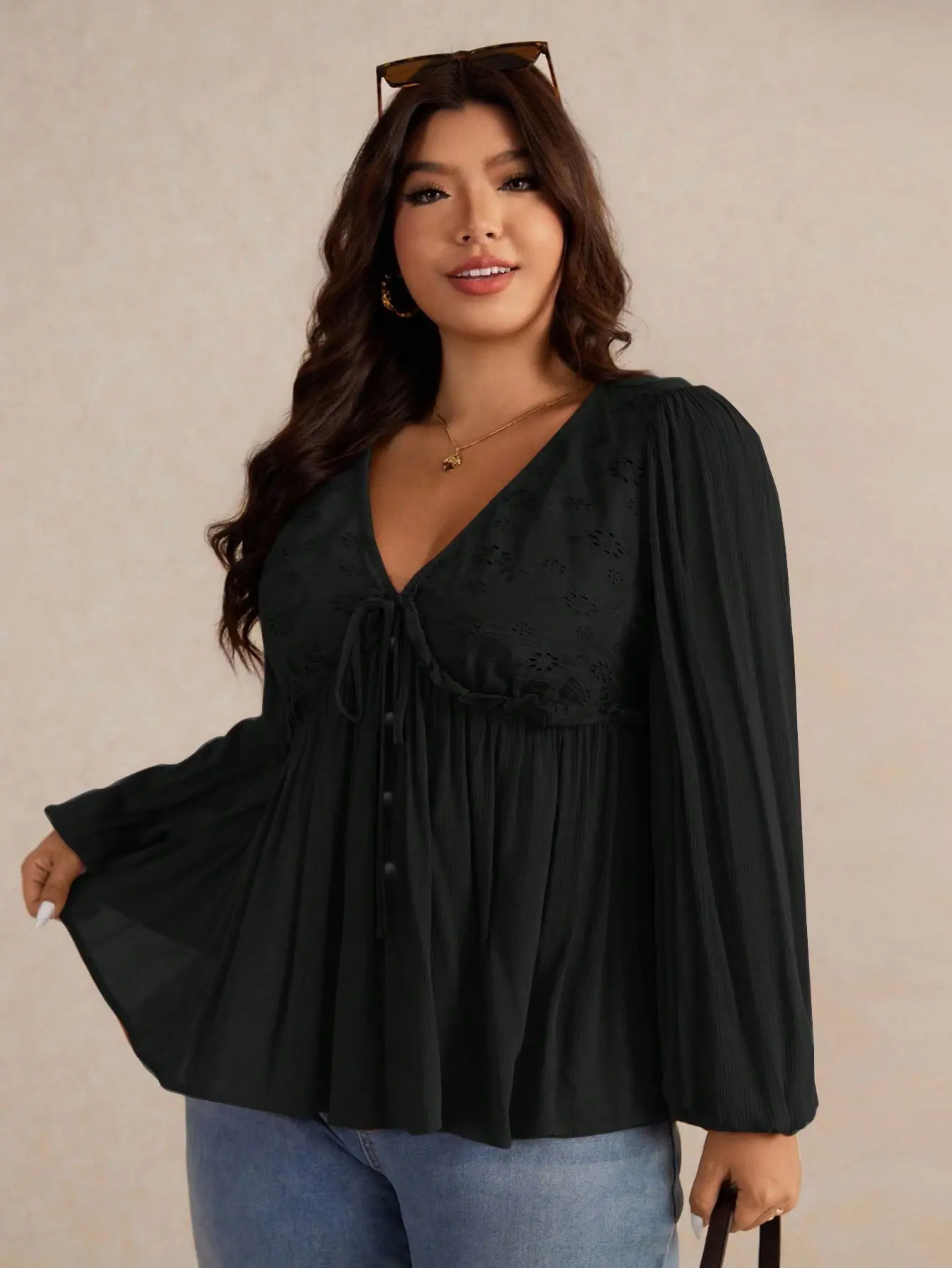 VYNCE Plus Size Women Embroidered Hollow Front Tie Pleated Lantern Sleeve Blouse Elegant Plus Size Top Long Sleeve Work Office Wear