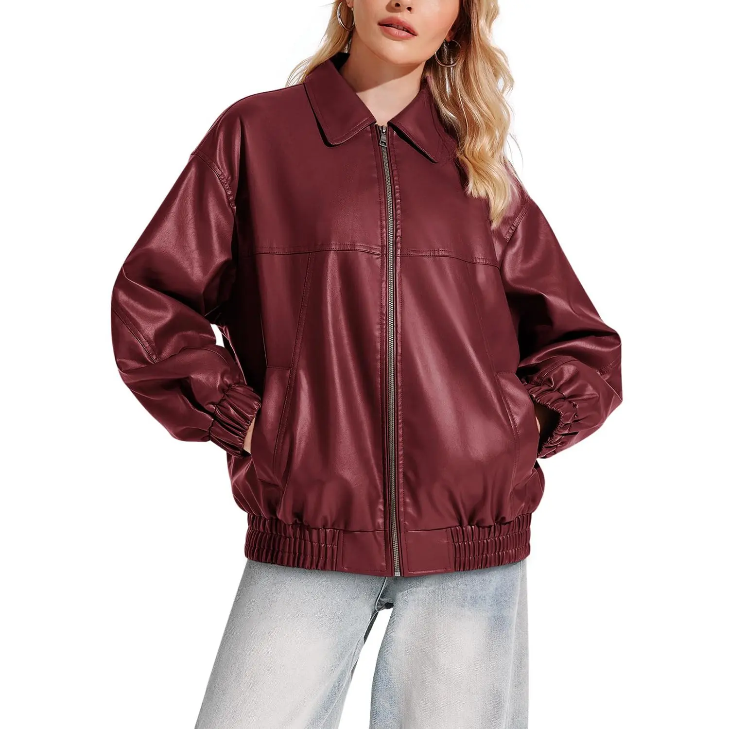 Women's Faux Leather Moto Jacket - Casual Collared Zip-Up Biker Style Coat for Lady, Lightweight Fall Outerwear Tops all day comfort sophisticated everyday essential chic look put together