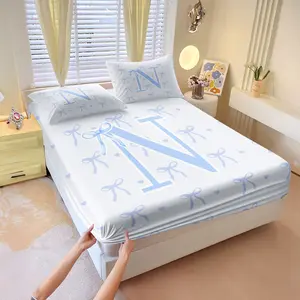 Light blue satin bow-knot letter N-Z 3 Pcs fitted sheet set, including 2 coreless pillowcases, strong wrapping, features a vibrant & gentle style, a simple bedroom decor gift, an excellent gift choice, soft & comfortable, multiple styles available.