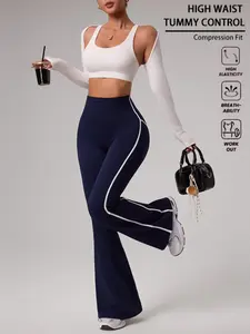 Women's Flare Sport Pants, Seamless Knit High Waist Yoga Pants, High Elasticity Loose-Fitting Wide Leg Workout Clothes, All-Season Outdoor Leisure, Yoga Bottoms