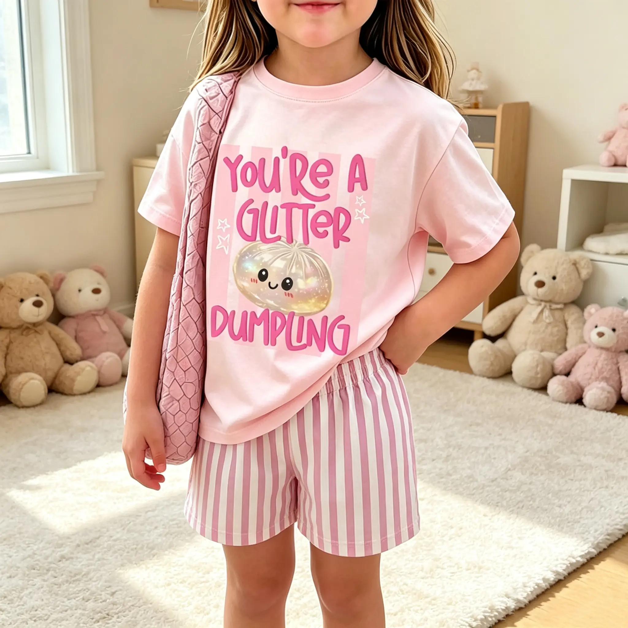 Girls 2-Piece Summer Outfit, Short Sleeve Graphic Top & Matching Shorts Set, Cute Kids Clothes for Back to School and Daily Wear Clothingsets Tee Set