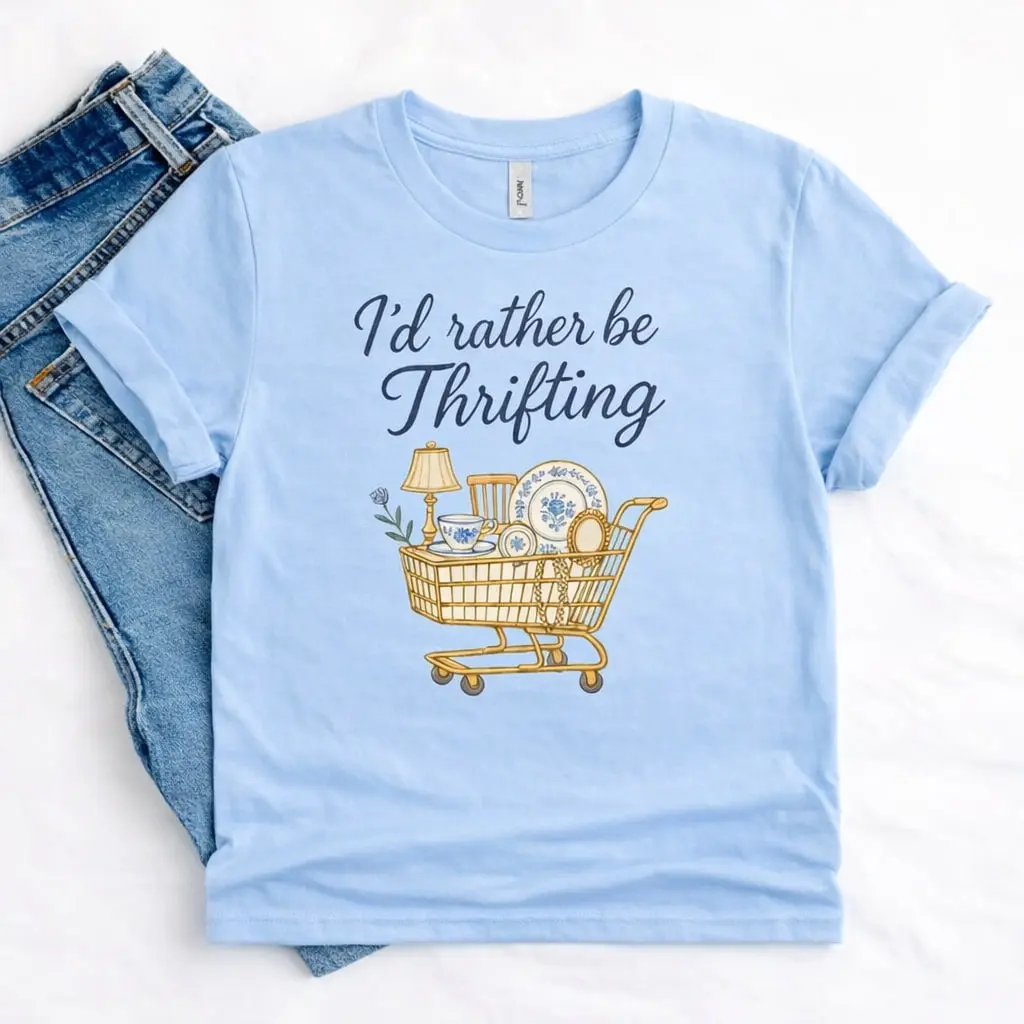 I’d Rather Be Thrifting Sweatshirt or Tshirt, Thrift Aesthetic Shirt, Blue And Gold Vintage Sweater, Retro Thrifting Graphic Tee, Boutique Style