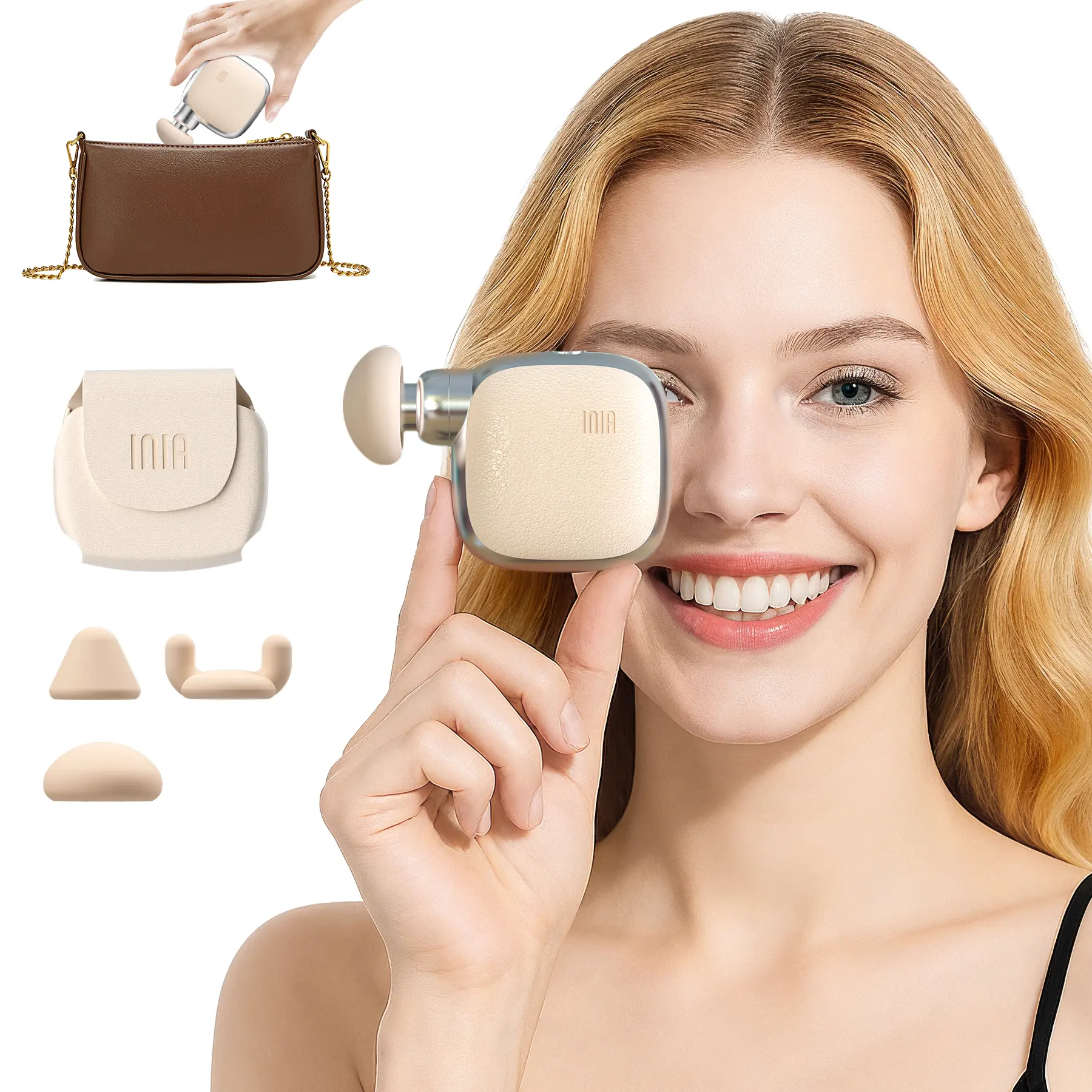 INIA PocketForce Palm-Sized Massage Gun – Portable Deep Tissue Massager with 3000 Percussions/Min, 7mm Stroke Depth & 10 lbs Force, Ultra-Quiet <48dB, 3 Heads & 4 Speeds, USB Rechargeable Travel Companion Gift Set，Summer Beauty Gift Ideas