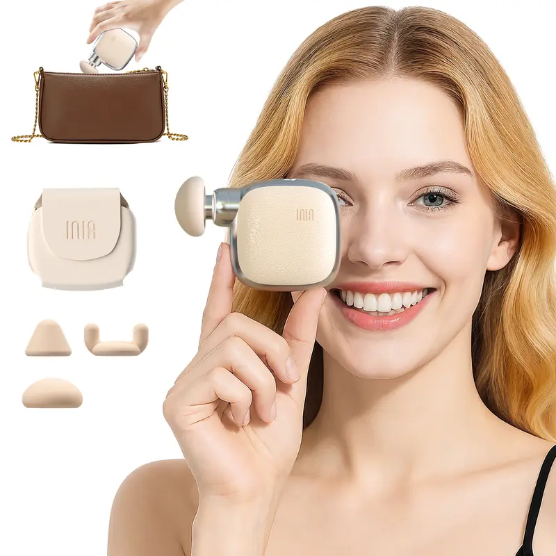 INIA PocketForce Palm-Sized Portable Massage Gun - Compact Rechargeable Device with Built-in Lithium Ion Battery, 3000 Percussions/Min, 7mm Stroke Depth, 10 lbs Force, <48dB Silent, 3 Heads, 4 Speeds, USB Port Rechargeable Travel Gifts for Adults Set