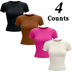 Kabuer Women's 4-Pack Crew Neck Short Sleeve Slim-Fitting Soft Seamless Crew Neck Stretch Shaping Tops, Solid Color Sportswear Workout Activewear Compression Shirts for Yoga, Gym