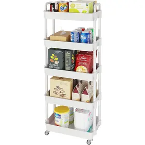 5-Tier Rolling Cart with Wheels,Multifunction Utility Storage Carts, Kitchen Storage Organizer,Mobile Shelving Unit for Bathroom,Laundry,with Classified Stickers,White