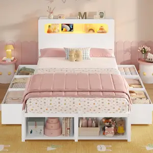 SIKAIC Twin Bed Frame with 6 Storage Drawers, 2-Tier LED RGB Headboard with Power Outlets, 2 Footboard Cubbies, Space-Saving Kids Bed, No Box Spring Needed
