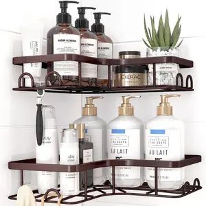 Corner shower rack - 2-piece set, adhesive shower storage rack, rust-proof stainless steel shower rack, with 8 hooks, no-drill bathroom storage rack and shelf, space-saving, brown, medium size