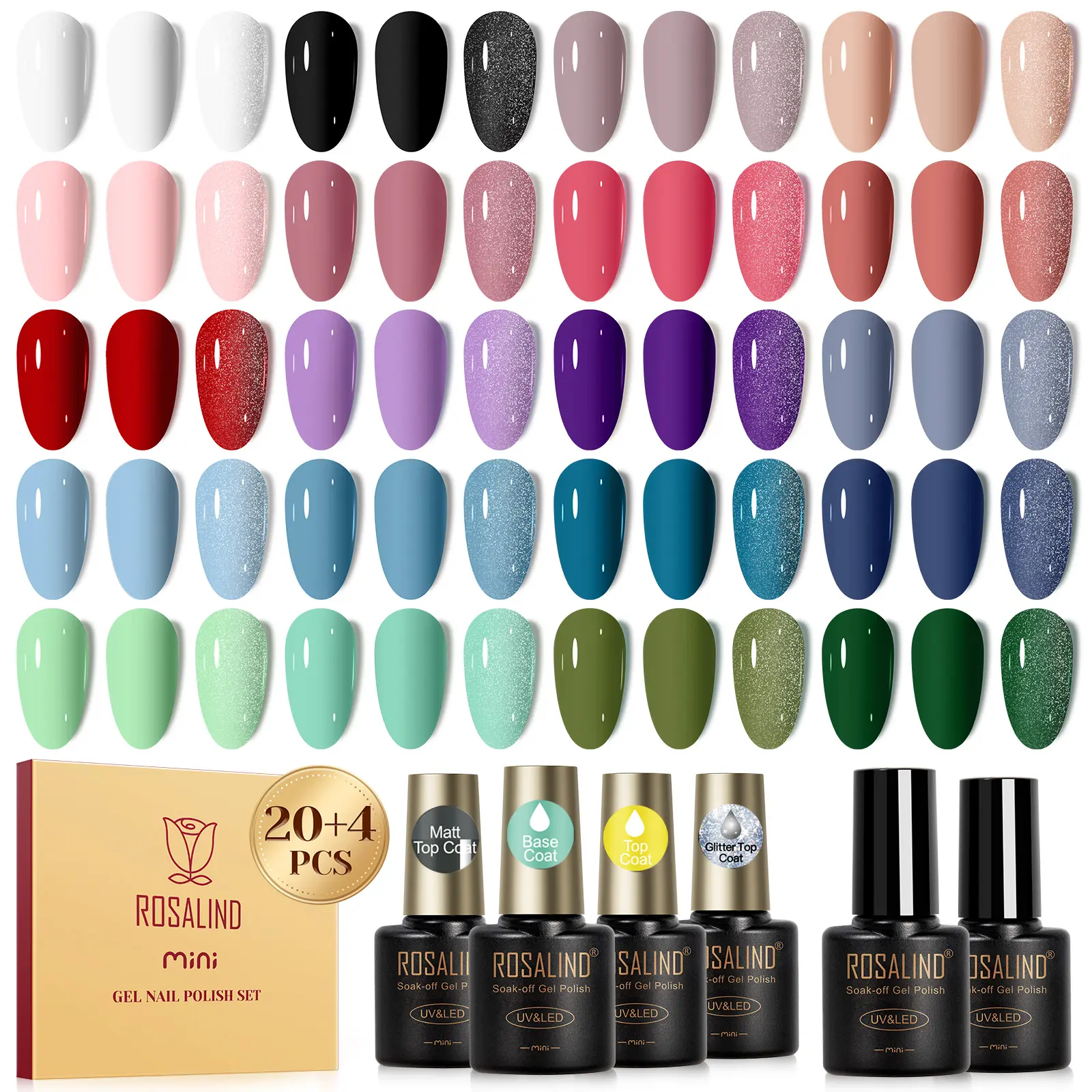 ROSALIND 24PCS Gel Nail Polish with Base Glossy and Matte Gel Top Coat Need Uv Nail Light to Dry Gel Polish Starter Set For All Seasons Beginner DIY at Home