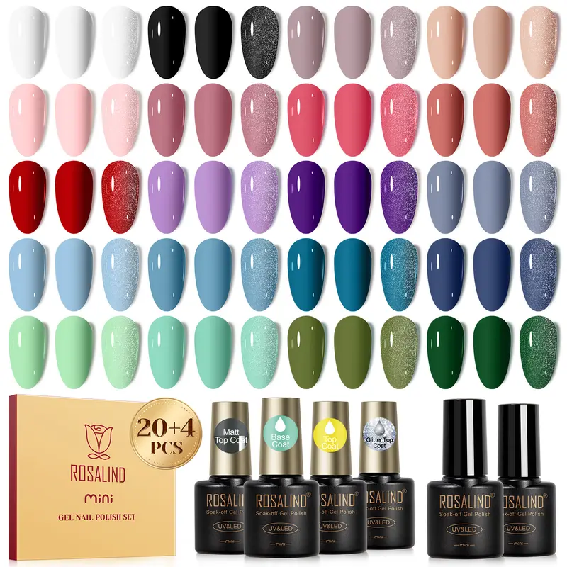 ROSALIND 24PCS Gel Nail Polish with Base Glossy and Matte Gel Top Coat Need Uv Nail Light to Dry Gel Polish Starter Set For All Seasons Beginner DIY at Home