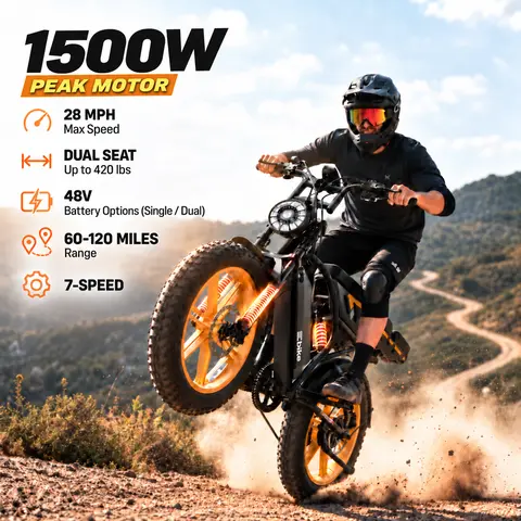 R9 Adult Commuter Mountain Bike - 1500W Motor (1500 to 1999 W), 48V Dual Battery Options, 20”x4.0” Tires, 7-Speed, LCD Display, Front Suspension, Dual Brakes, 120 mi Range, Iron Frame, 420lb Capacity, for 5'0"-6'2" Riders,outdoorfun