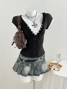 Women's Summer V-Neck Lace Patchwork Bow Tie Slim Fit Short Sleeve T-Shirt, Top, Elegant Style, Fake Two-Piece Design, Casual Wear