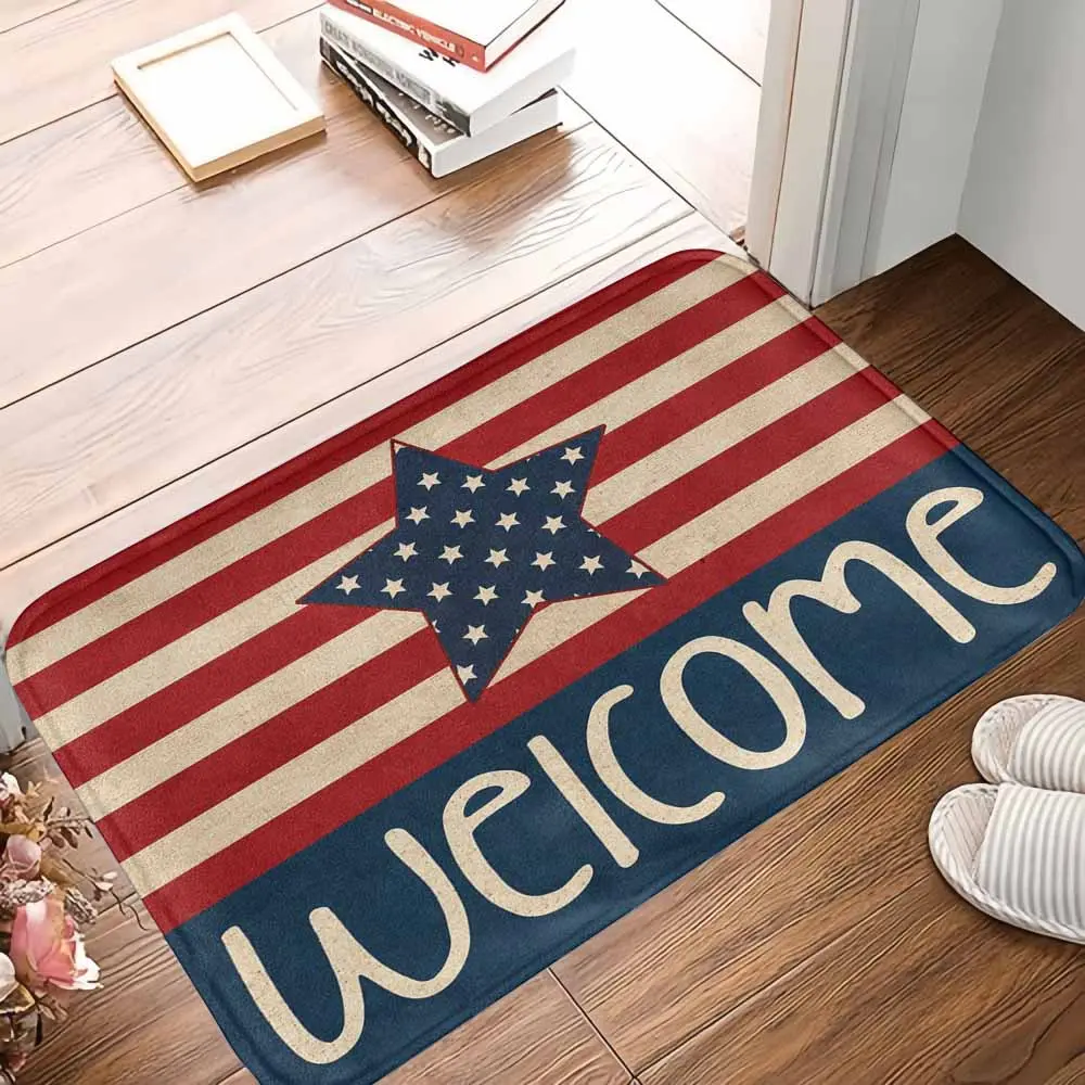 Patriotic Welcome Doormat American Flag Star Print Non Slip Absorbent Durable Floor Mat Rustic Vintage Style for Front Door Entryway Porch Farmhouse Holiday Party