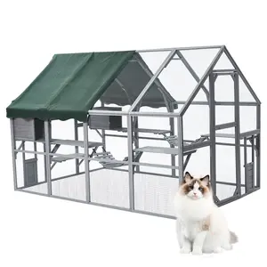 Garvee Spacious Outdoor Wooden Catio Enclosure for Cats – 110'' L x 74'' W x 73'' H, 57 Sq.Ft Walk-in Cat House with Waterproof Roof, 2 Lockable Cat Doors, Multiple Platforms, Bridges & Rest Boxes, Weather Resistant – Grey