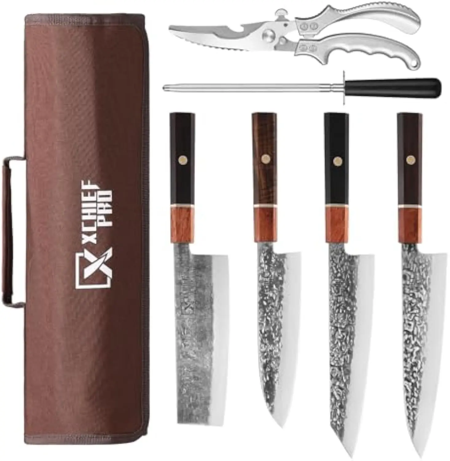 Xchief Pro Japan Knife Set, High Carbon Steel Japan Nakiri Santoku Knife Set, Hand Forged Meat Cleaver Butcher Knife with Accessories for Kitchen, Camping BBQ Knives Set with Bag