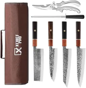 Xchief Pro Japan Knife Set, High Carbon Steel Japan Nakiri Santoku Knife Set, Hand Forged Meat Cleaver Butcher Knife with Accessories for Kitchen, Camping BBQ Knives Set with Bag