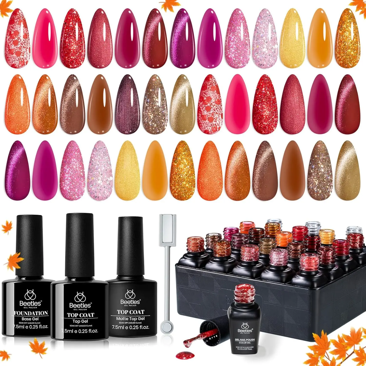 Beetles Fall Gel Nail Polish Set – Opulent Glow Cat Eye Gel Polish,Red Orange Yellow Glitter Brown, Soak Off UV LED with Base Glossy Matte Top Coat for DIY Manicure Gift for Women Fall Nail