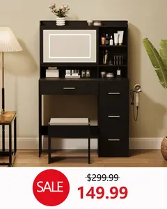 Summer Sale Special Offer – Viaozutis Vanity Desk with Mirror & LED Lights, 3 Adjustable Light Modes, Upholstered Chair, 4 Drawers, Open Shelves, USB Port & Power Outlet – Stylish & Functional Bedroom Vanity