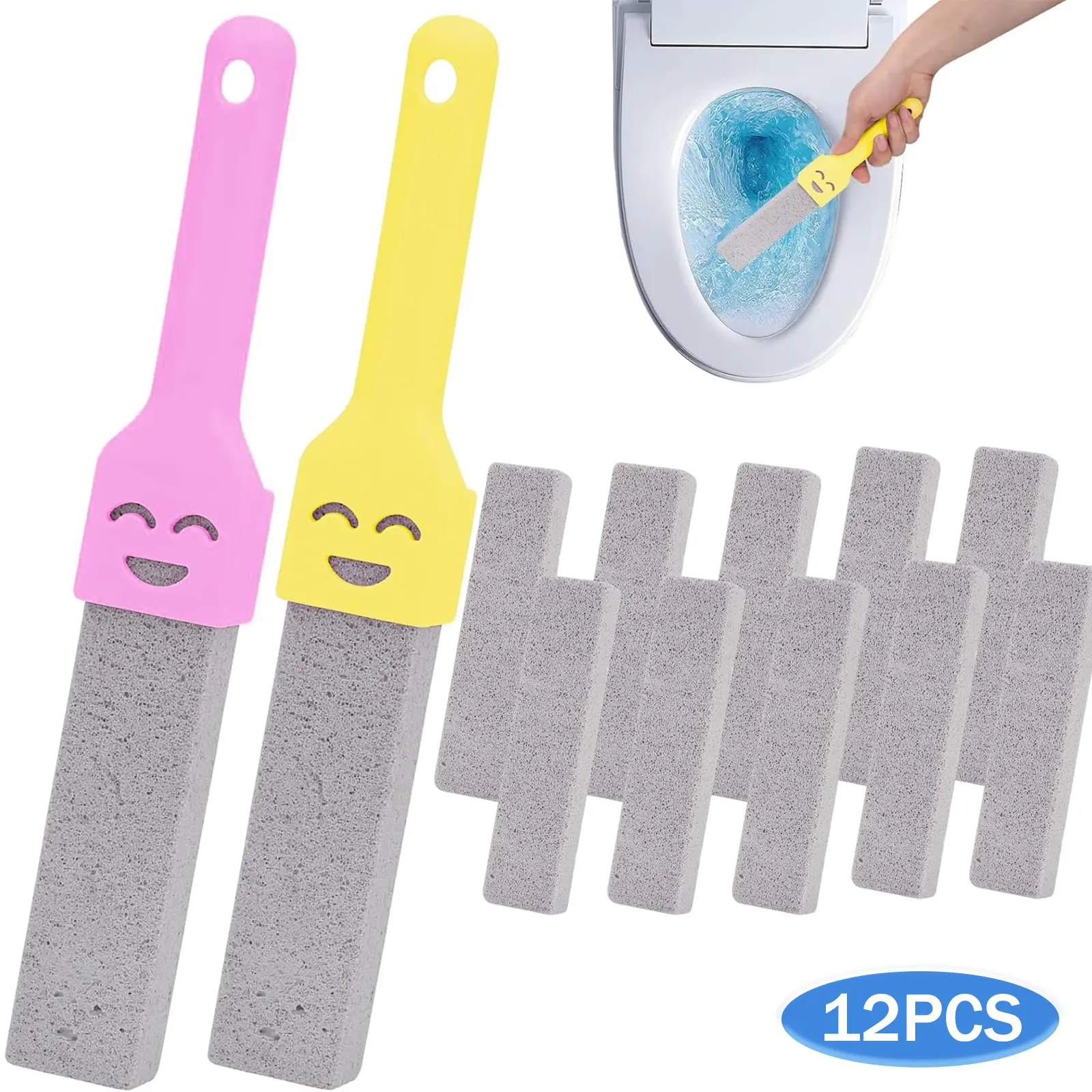 12 Pack Replacement Pumice Blocks with Long Handle, Pumice Stone for Toilet Cleaning, Household Stain Remover for Limescale, Hard Water Marks on Porcelain