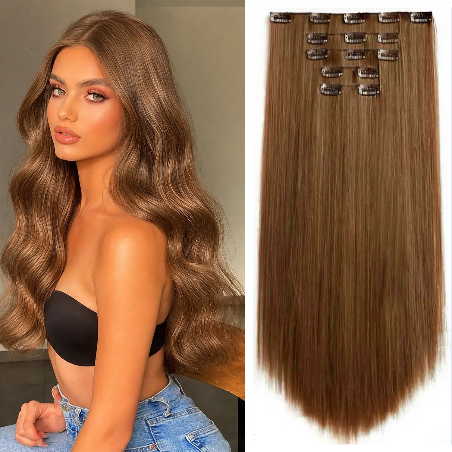 Straight Hair Extension Clips 24 Inch Long Invisible Thick Synthetic Clip in Extensions 6PCS Soft and Easy Installation Hairpieces for Women Girls Weddings Party Daily Use 6 Oz