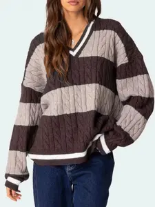 Striped Cable Knit V-Neck Sweater