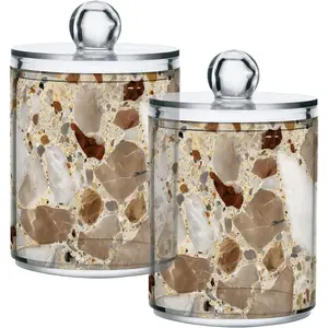 Beige and Brown Marble Print 2 Pack Apothecary Jars with Lid 10 Oz Clear Plastic Apothecary Jar Set Qtip Holder Storage Containers for Cotton Ball Swabs Bathroom Vanity