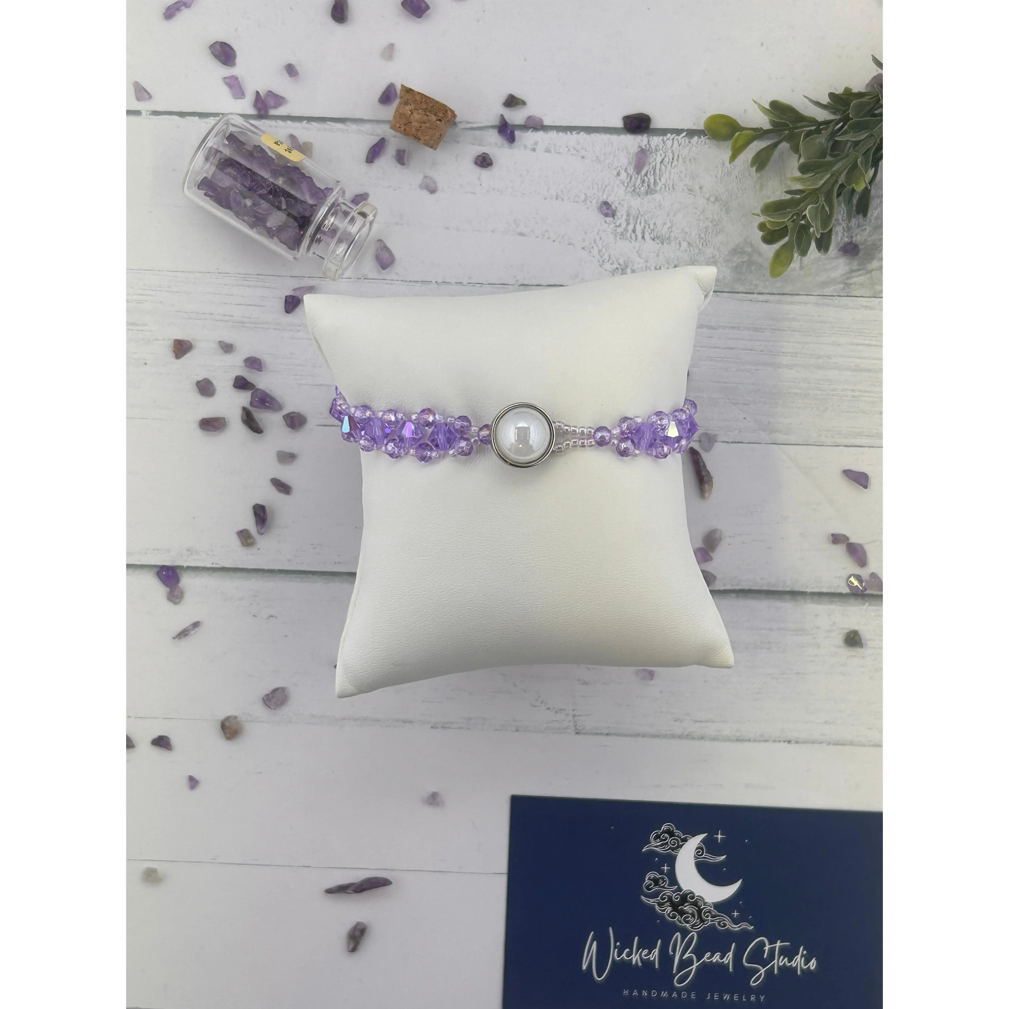 Handmade Purple Glass Crystal Beaded Statement Bracelet with Button Clasp.