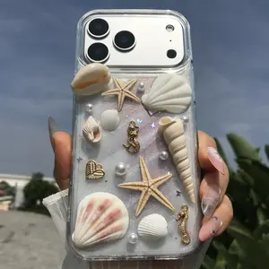 Handmade Phone Case Natural Shell Starfish Conch Sparkling Sequins for iPhone 17 16 15 14 13 12 11 Pro Max, Durable Fashion Protection Cover