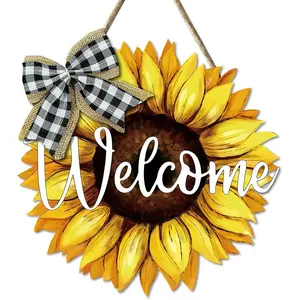 Summer Door Sign Sunflower Welcome Door Hanger Vintage Door Sign Front for Door Decoration Wreaths Decorations Door Hanging Farmhouse Porch Wall Outdoor 12"x12"