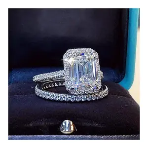 Emerald Ring Bridal silver Engagement Wedding band Rings for Women Bridal Gem Jewelry
