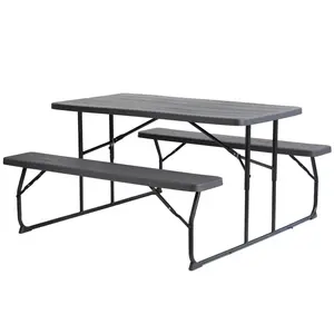 Gardenised QI004446GY Gray Outdoor Foldable Woodgrain Portable Picnic Table Set, 5 Feet Long, Wood Grain, Foldable Set