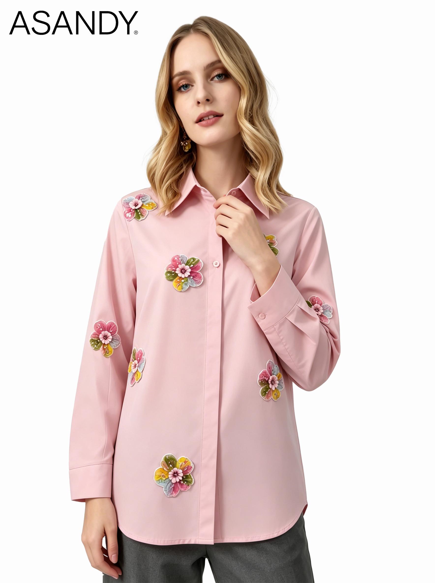 ASANDY Women's Collared Long-Sleeves Top, Pink Button-Down Shirt with 3D Floral Sequin Embroidery, Elegant Casual Blouse for Work & Everyday Wear tiktokshopspringglowup,summervibes