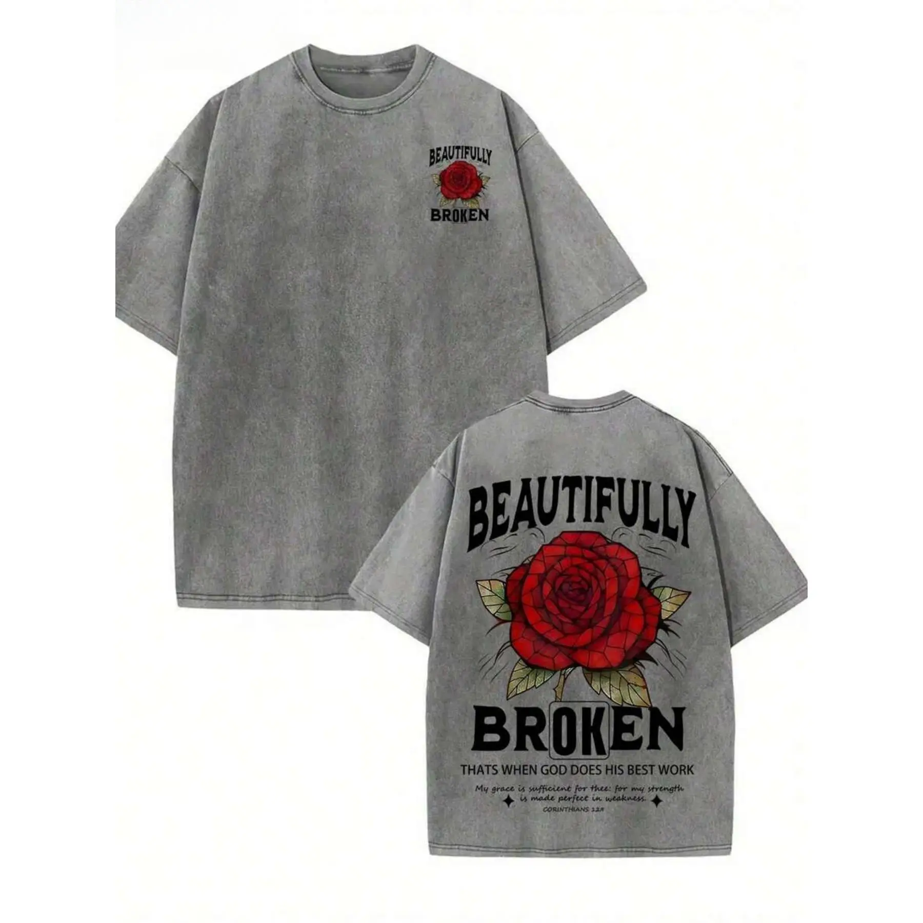 Men's Unisex Heavyweight Soft 100% Cotton Streetwear T-Shirt - 230g, Short-Sleeve, Round Neck, Vintage Washed Look, Dual Front-Back Trendy Prints, Casual Menswear Tops