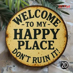 Retro Round Metal Sign "Welcome to My Happy Place" Rustic Distressed Wall Art for Home Kitchen Garden Office Durable Iron Decor with Green Leaves Accents Perfect for Room Bedroom Garage Ideal Gift for Housewarming & Relaxation