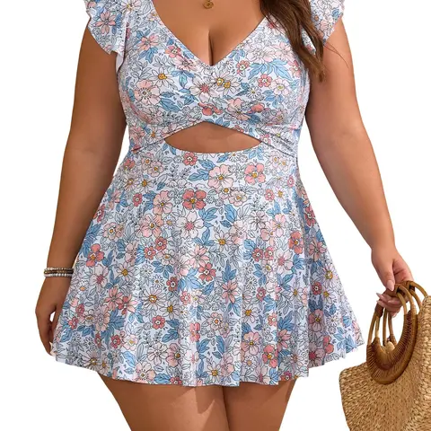 B2prity Women's Plus Size Swimsuit Tummy Control One Piece Swimdress Ruffle V Neck Cutout Wrap Bathing Suit with Skirt SummerVibes