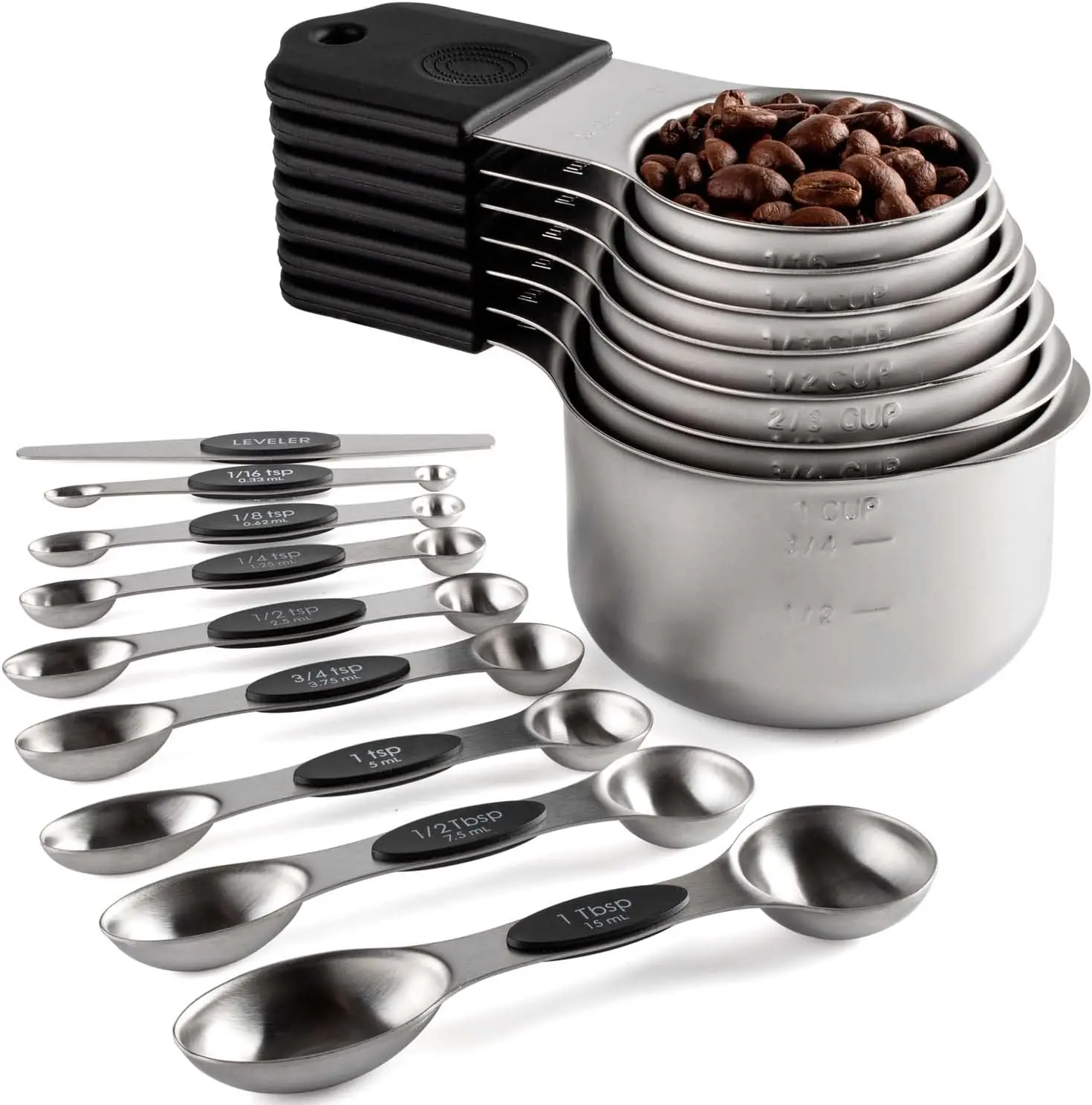 16-piece magnetic measuring cup and spoon set: includes 7 magnetic measuring cups and 8 double-ended spoons—also comes with a spirit level; stainless steel dry/wet measuring tools suitable for baking, cooking, and kitchen use