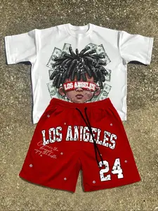 Men's 2-Piece Fashion Casual Wear Set, Dollar Boy Graphic Print Round Neck Short Sleeve T-Shirt and Drawstring Shorts for Summer Sports, Loose-Fitting Street Style for Daily Wear Clothes
