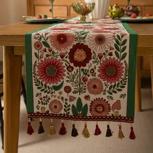 Pink Flower New Red Tassel Table Runner Jacquard Red Festival Color-Block Dining Table Cloth Art Festival Coffee Table Bed Runner TV Cabinet 1pc