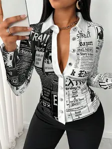 Women's Long Sleeve Casual T-Shirt with Slogan Print, Single Button Front Design, Comfortable and Stylish Top for Daily Wear, Button Up Shirt