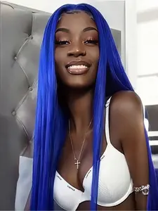 Blue Lace Frontal Wig 26 Inch 13x4 High Definition Natural Hairline, Realistic Looking Synthetic Fiber Wig for Daily Use & Stylish Look