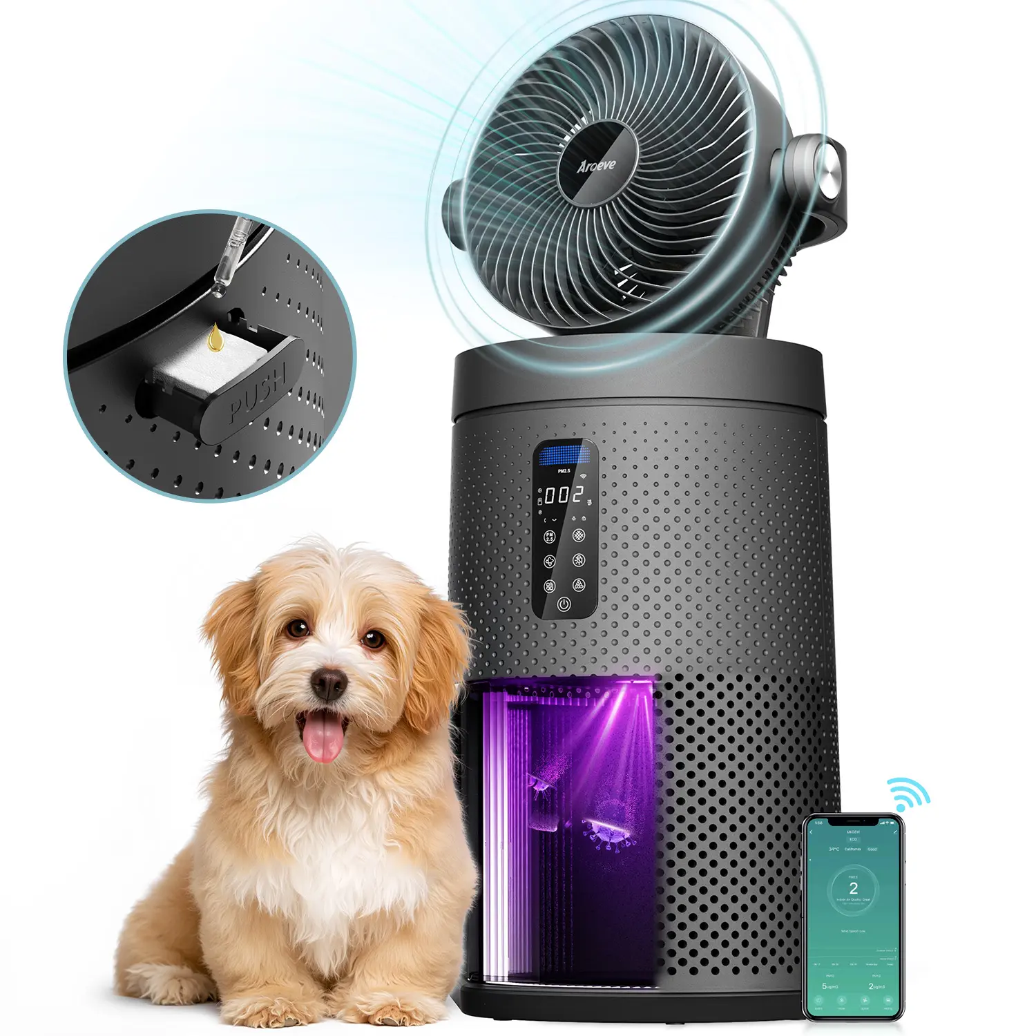 AROEVE MK08W Air Purifiers Fan, Coverage 1980 Sq.Ft, 2-In-1 Technology Device, Cooling Fan And Smart WIFI Air Cleaner For Whole Home
