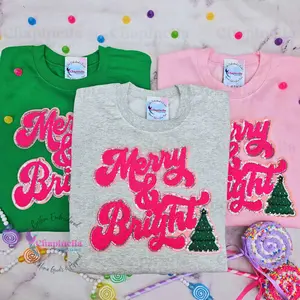 Pink Merry & Bright Sweatshirt, Merry and Bright Sequin Chenille Patch Sweater, Holiday Crewneck, Holiday Gifts for Her, Holiday Apparel