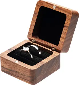 Square Solid Wood Double Ring Box Case for Wedding Ceremony Engagement Proposal,Wooden Ring Holder for 2 Rings (Black Inner) COSISO
