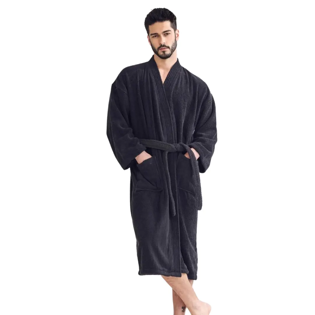 212 MAIN Men's Soft Long Terry Cotton Plain Kimono Bathrobe - Nightwear, Unisex Loungewear with Belt, Deep Pockets, Short Sleeves, Machine Washable, Black, 1 Size, Menswear